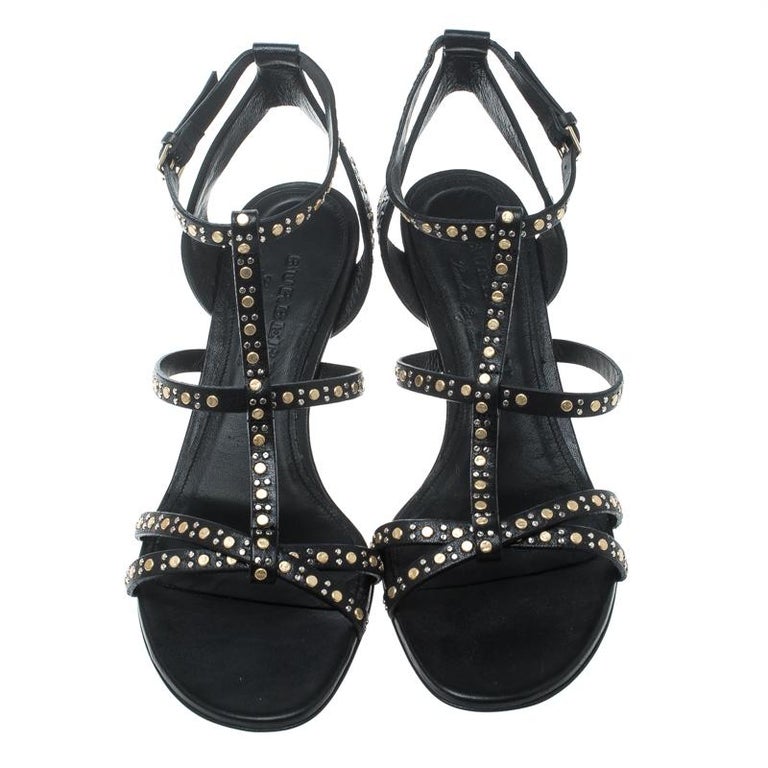Burberry Black Leather Studded Hansel Cone Heel T Strap Sandals Size 37 ...