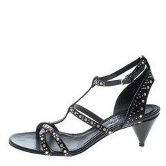 Burberry Black Leather Studded Hansel Cone Heel T Strap Sandals Size 37