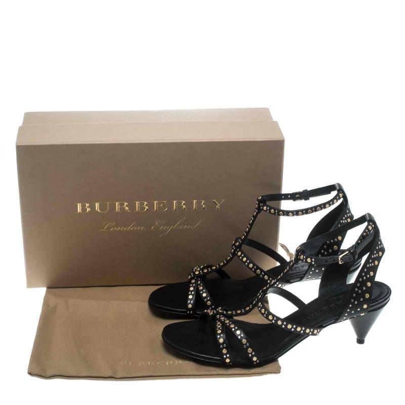 Burberry Black Leather Studded Hansel Cone Heel T Strap Sandals Size 38.5 4
