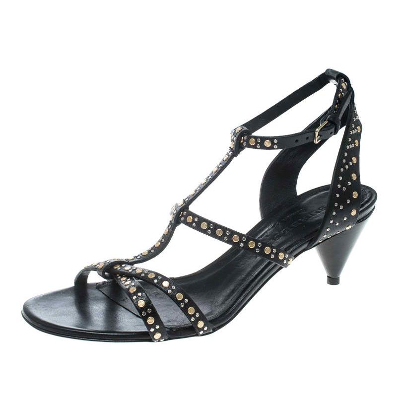 Burberry Black Leather Studded Hansel Cone Heel T Strap Sandals Size 38.5
