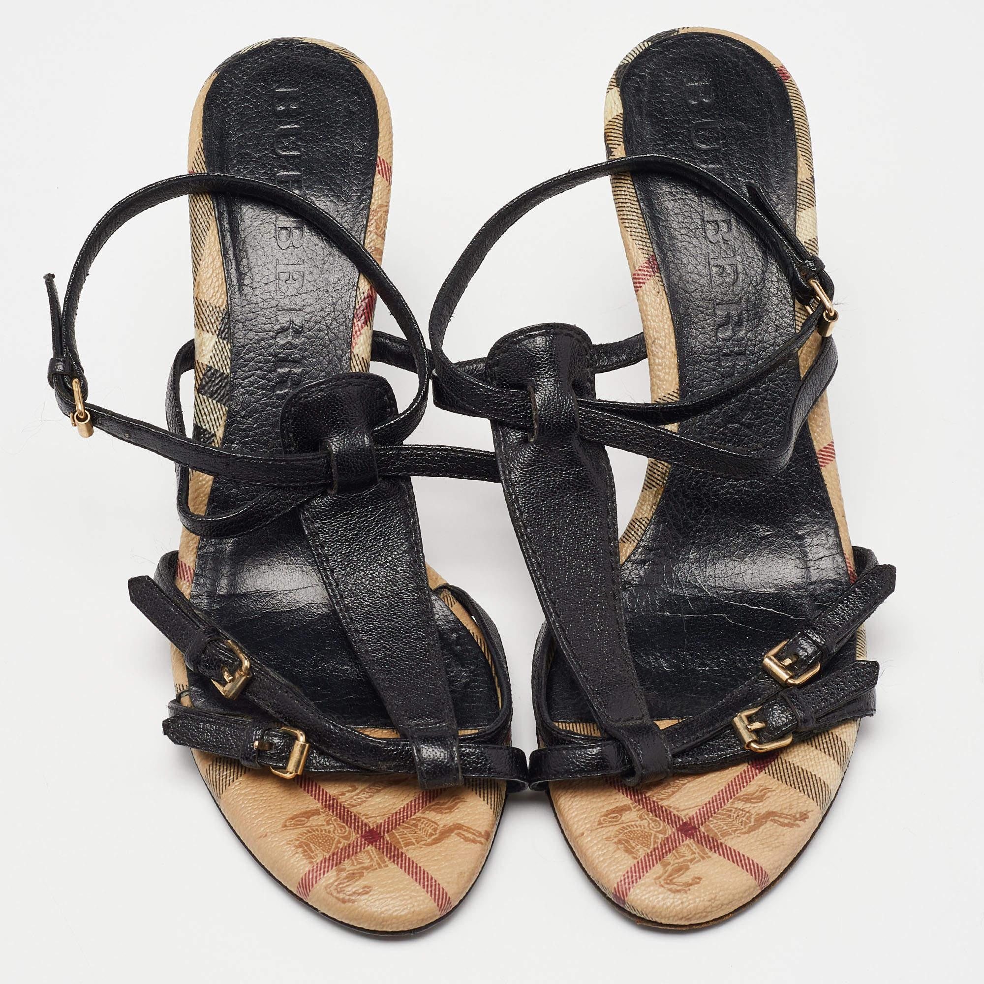 Burberry Black Leather T-Bar Ankle Strap Sandals Size 39 In Good Condition In Dubai, Al Qouz 2