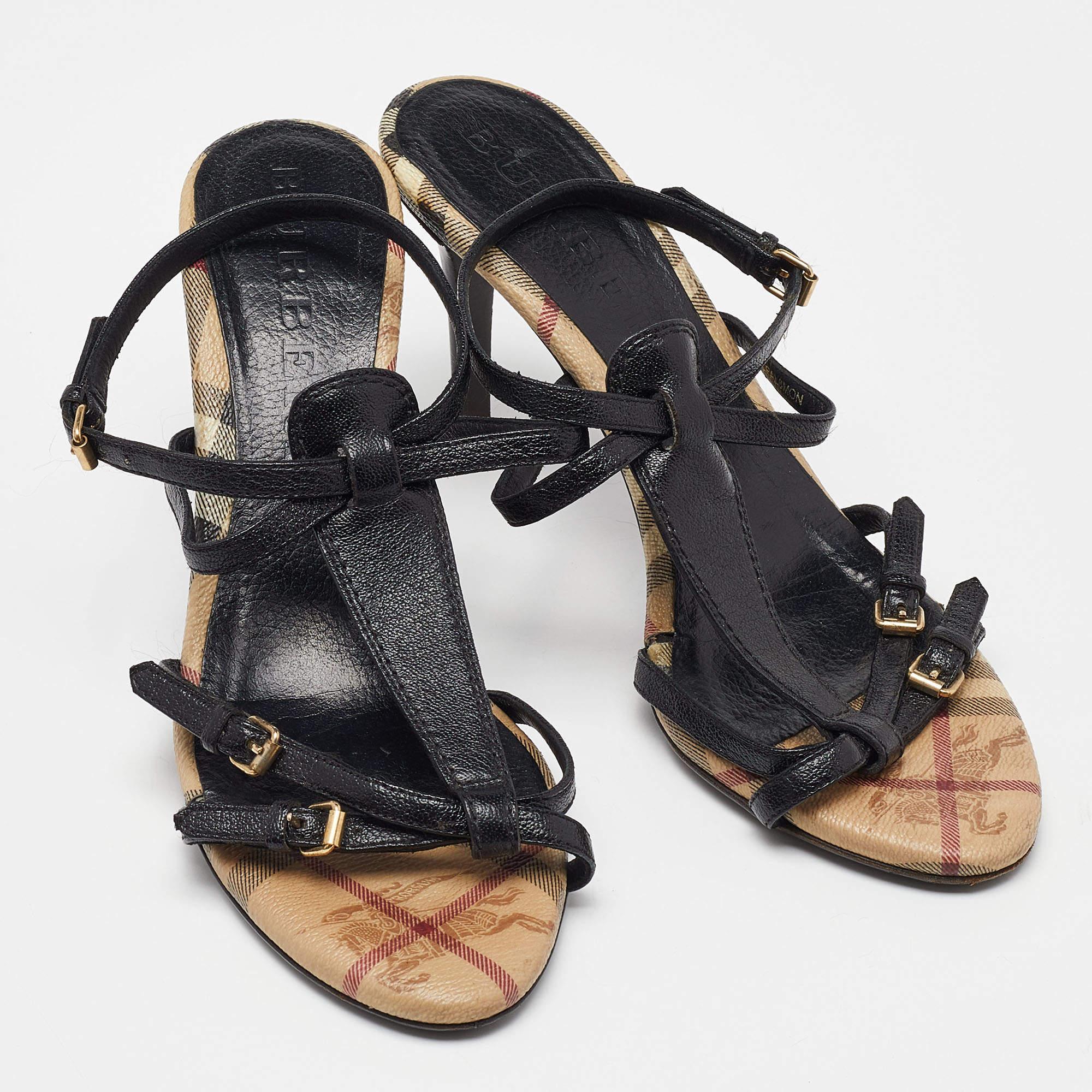 Women's Burberry Black Leather T-Bar Ankle Strap Sandals Size 39