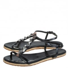 Burberry Black Leather Westerdale T Strap Espadrille Flat Sandals Size 40