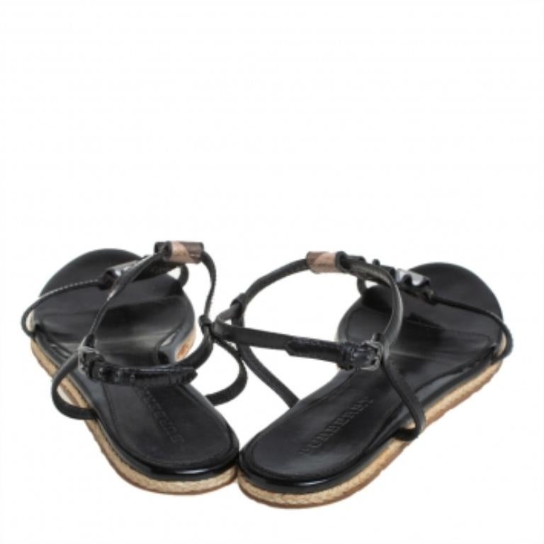 Women's Burberry Black Leather Westerdale T Strap Espadrille Flat Sandals Size 40 For Sale