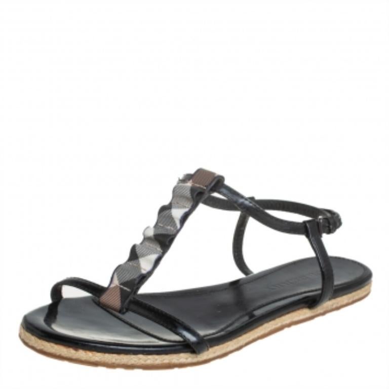 Burberry Black Leather Westerdale T Strap Espadrille Flat Sandals Size 40 For Sale 1