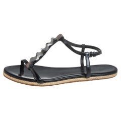 Burberry Black Leather Westerdale T Strap Espadrille Flat Sandals Size 40