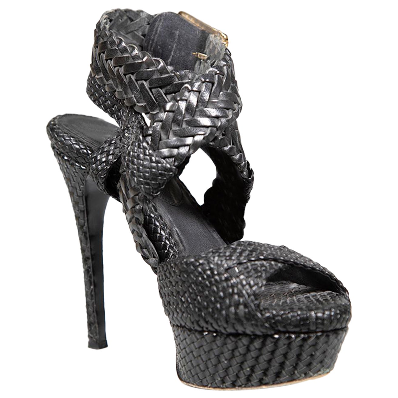 Burberry Black Leather Woven Heel Sandals Size IT 38.5