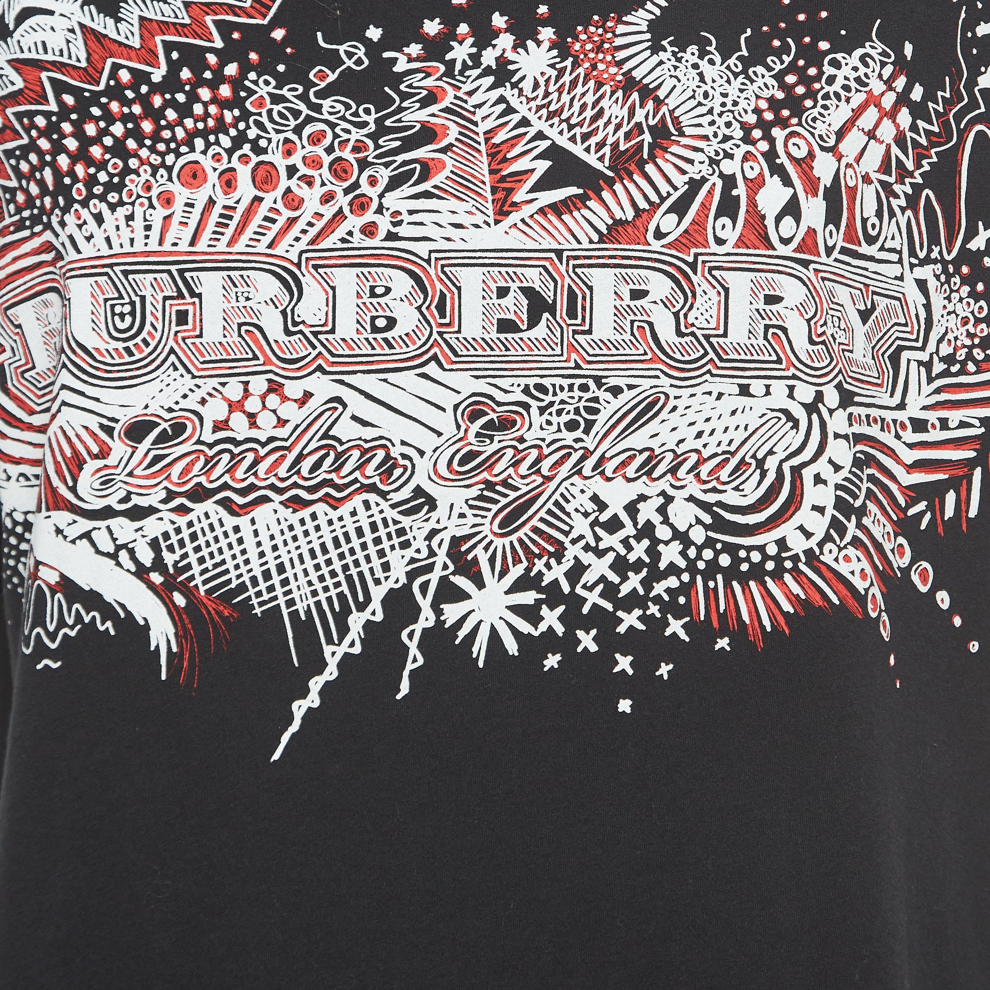 Women's Burberry Black Logo Doddle Print Cotton Crew Neck T-Shirt M For Sale