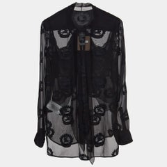 Burberry Black Logo Jacquard Silk Draped Style Sheer Shirt S