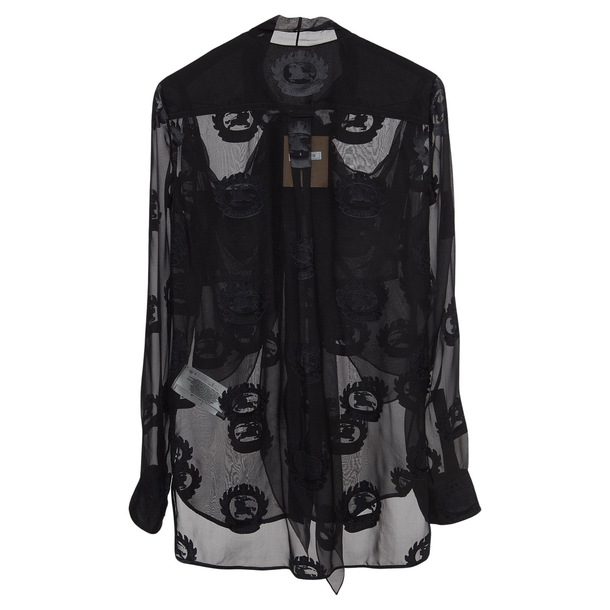 Burberry Black Logo Jacquard Silk Draped Style Sheer Shirt S For Sale