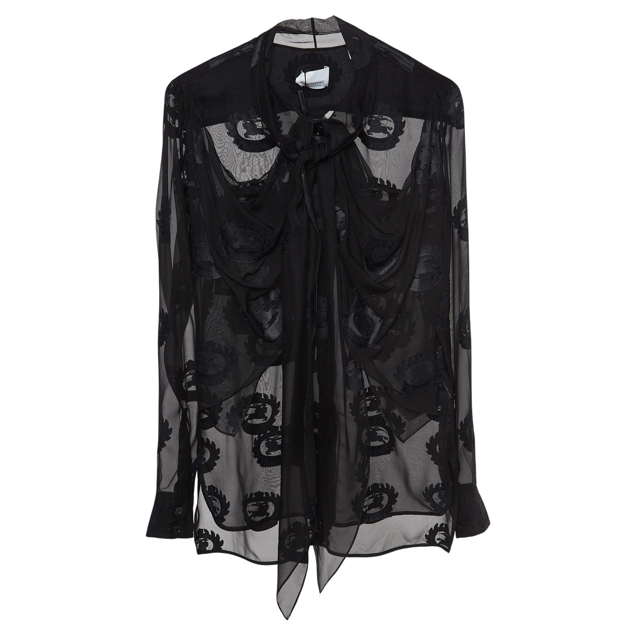 Burberry Black Logo Jacquard Silk Draped Style Sheer Chemise S en vente