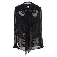 Burberry Black Logo Jacquard Silk Draped Style Sheer Chemise S
