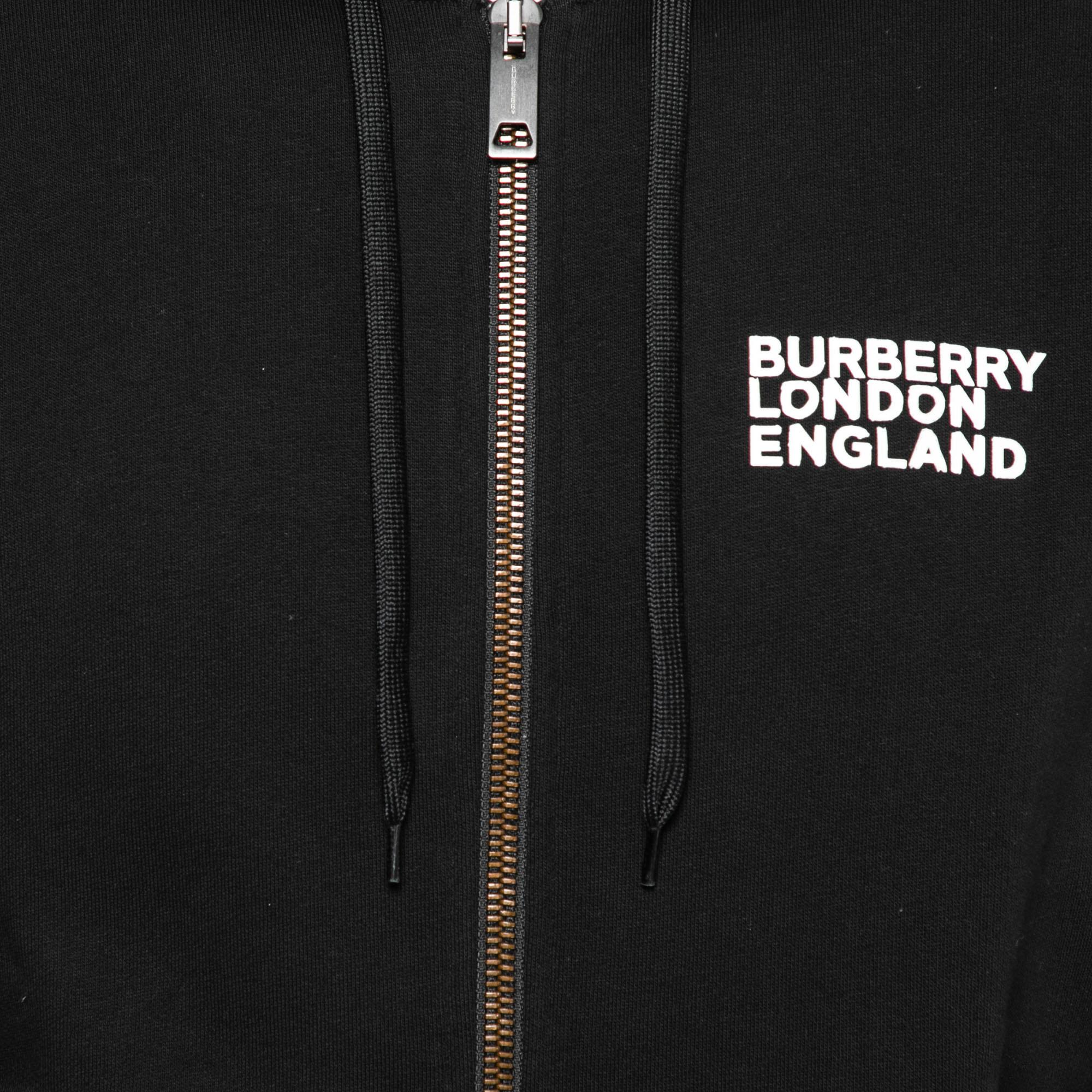 Noir Burberry - Veste à capuche en coton imprimé amour avec fermeture éclair sur le devant S en vente