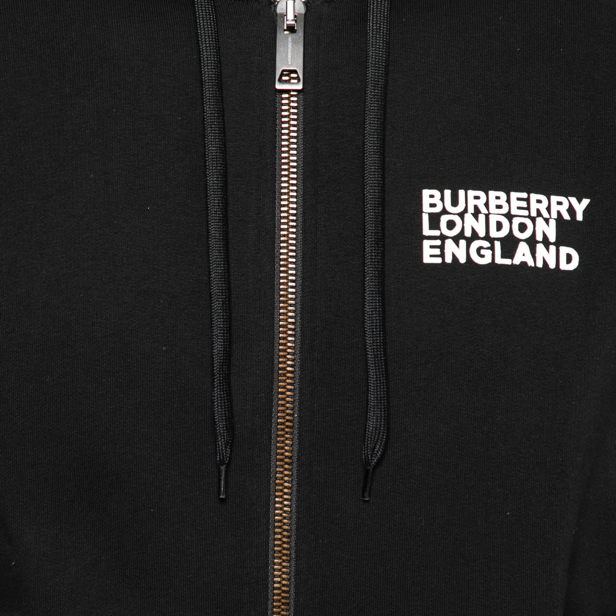 Burberry Black Love Print Cotton Zip Front Hooded Jacket S For Sale 2