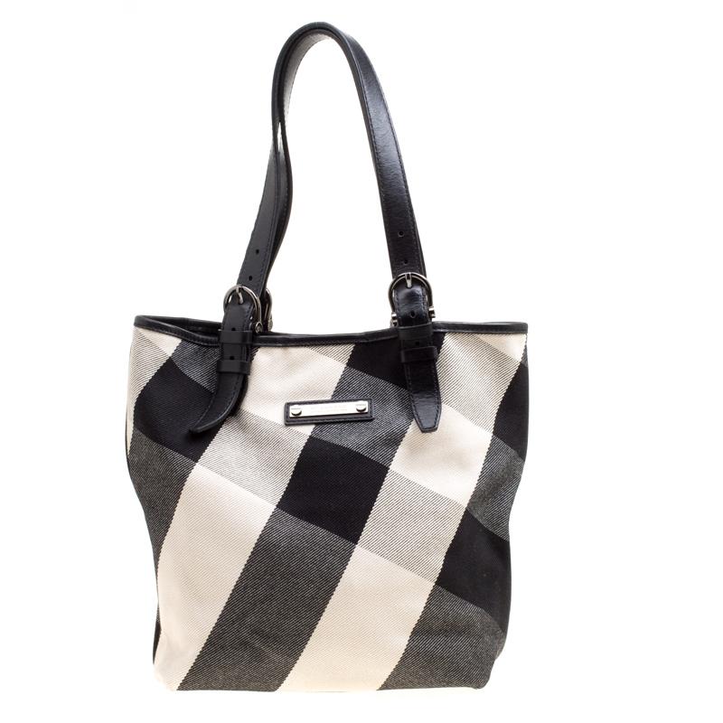 Burberry Black Mega Check Canvas and Leather Tote