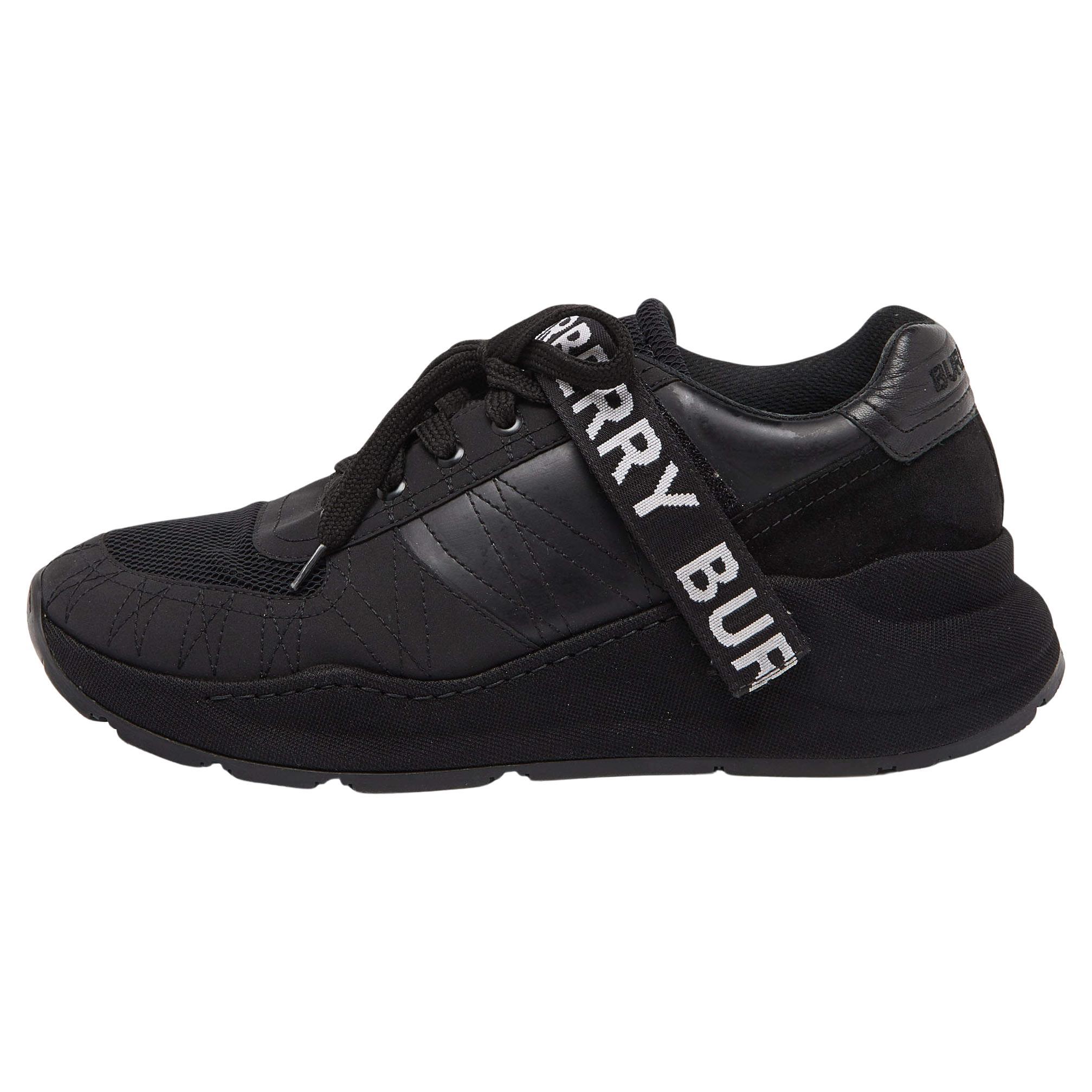 Burberry Black Mesh and Leather Logo Detail Low Top Sneakers Size 43 For Sale