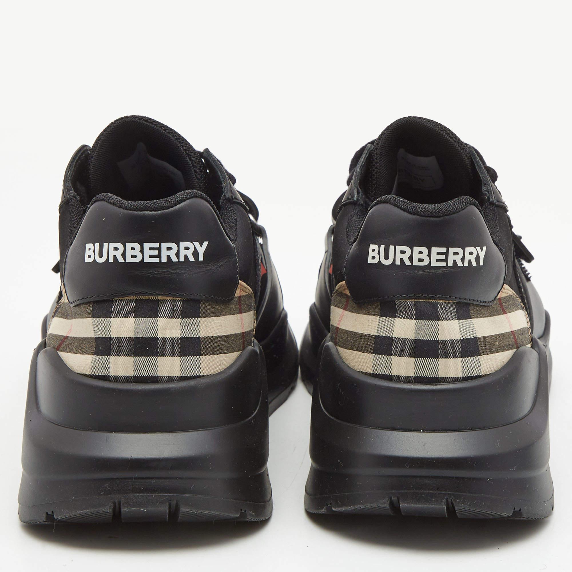 Men's Burberry Black Mesh and Leather Ramsey Check Low Top Sneakers Size 42