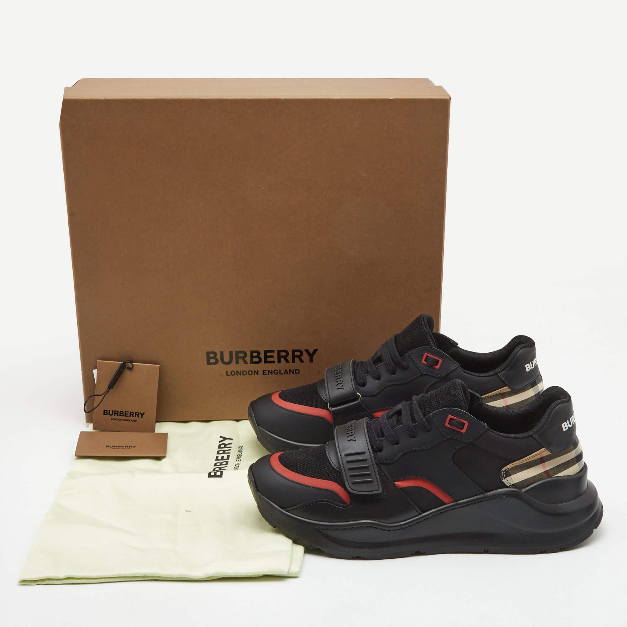 Burberry Black Mesh and Leather Ramsey Check Low Top Sneakers Size 42 5
