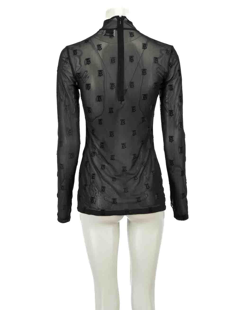 Burberry Black Mesh Flocked Logo Long Sleeve Top Size S In Excellent Condition In London, GB