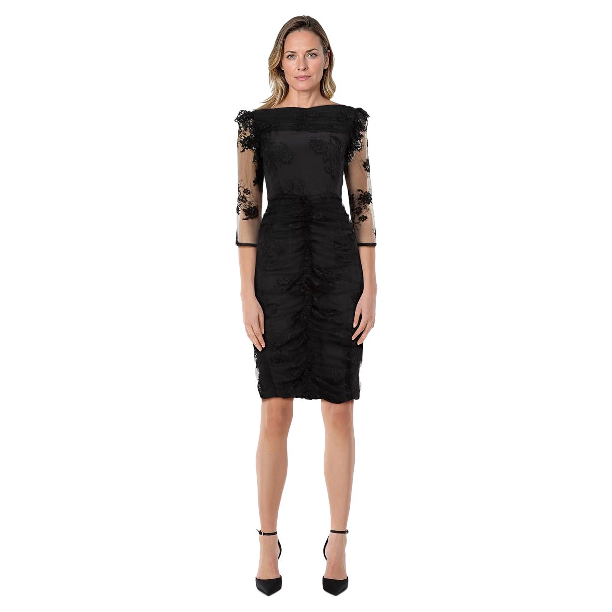 Burberry - Vestito in pizzo floreale a mezza manica nero taglia S