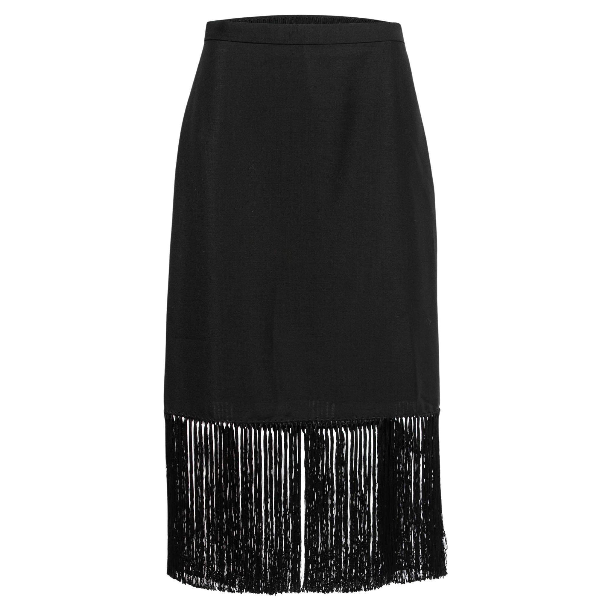 Burberry Black Mohair & Wool Tassel Trim Midi Skirt M