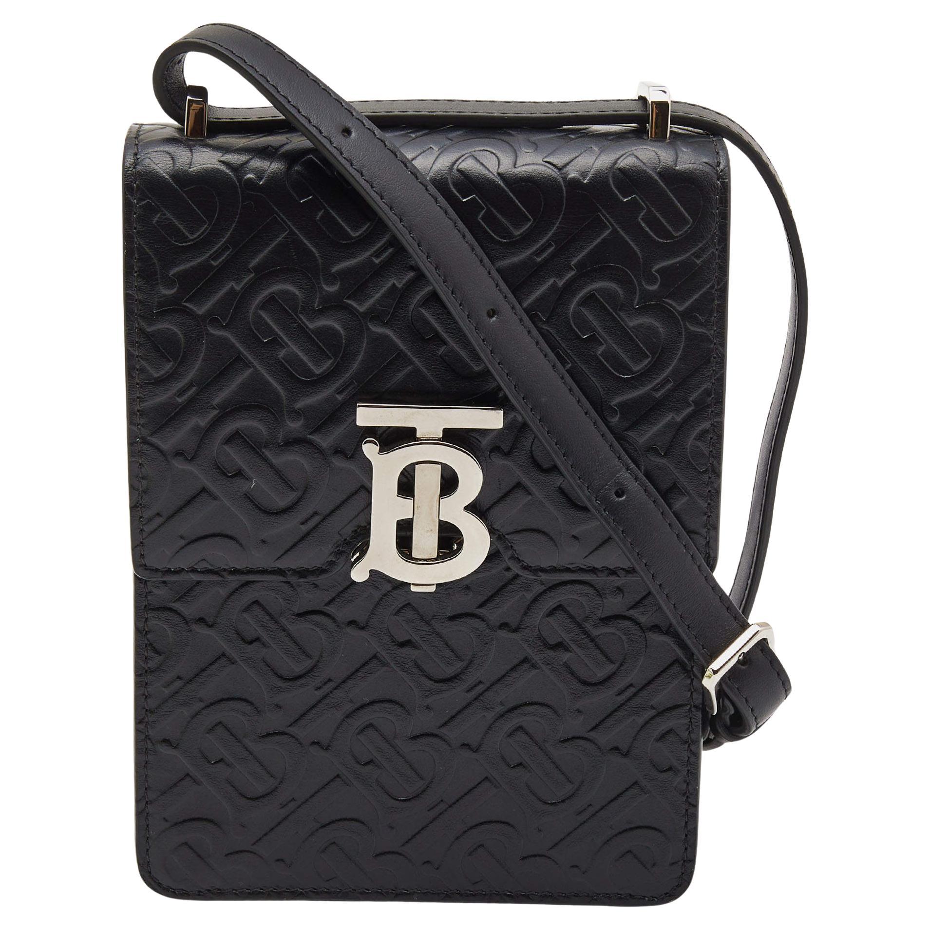 Burberry Black Monogram Embossed Leather Robin Crossbody Bag For Sale