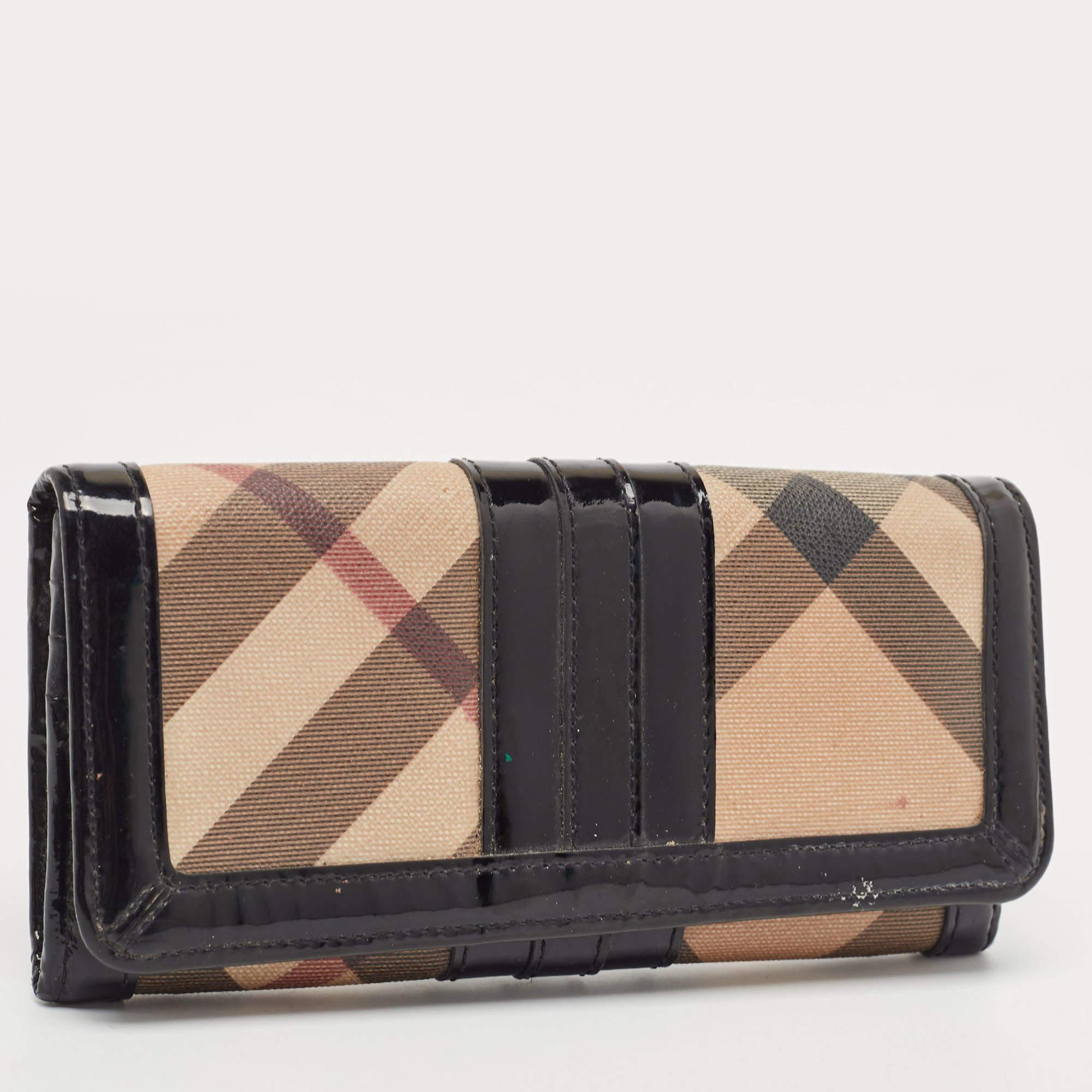 Women's Burberry Black Novacheck Canvas and Patent Leather Penrose Continental Wallet