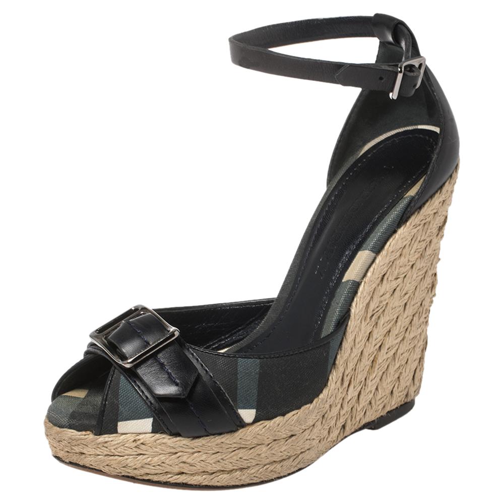 Burberry Black Novacheck Canvas Buckle Peep Toe Espadrille Wedge Sandals  Size 36 For Sale at 1stDibs