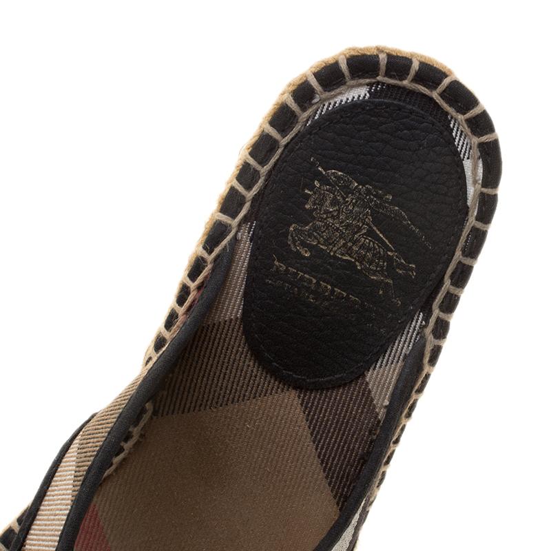 Brown Burberry Black Novacheck Canvas Espadrille Thong Wedge Sandals Size 35