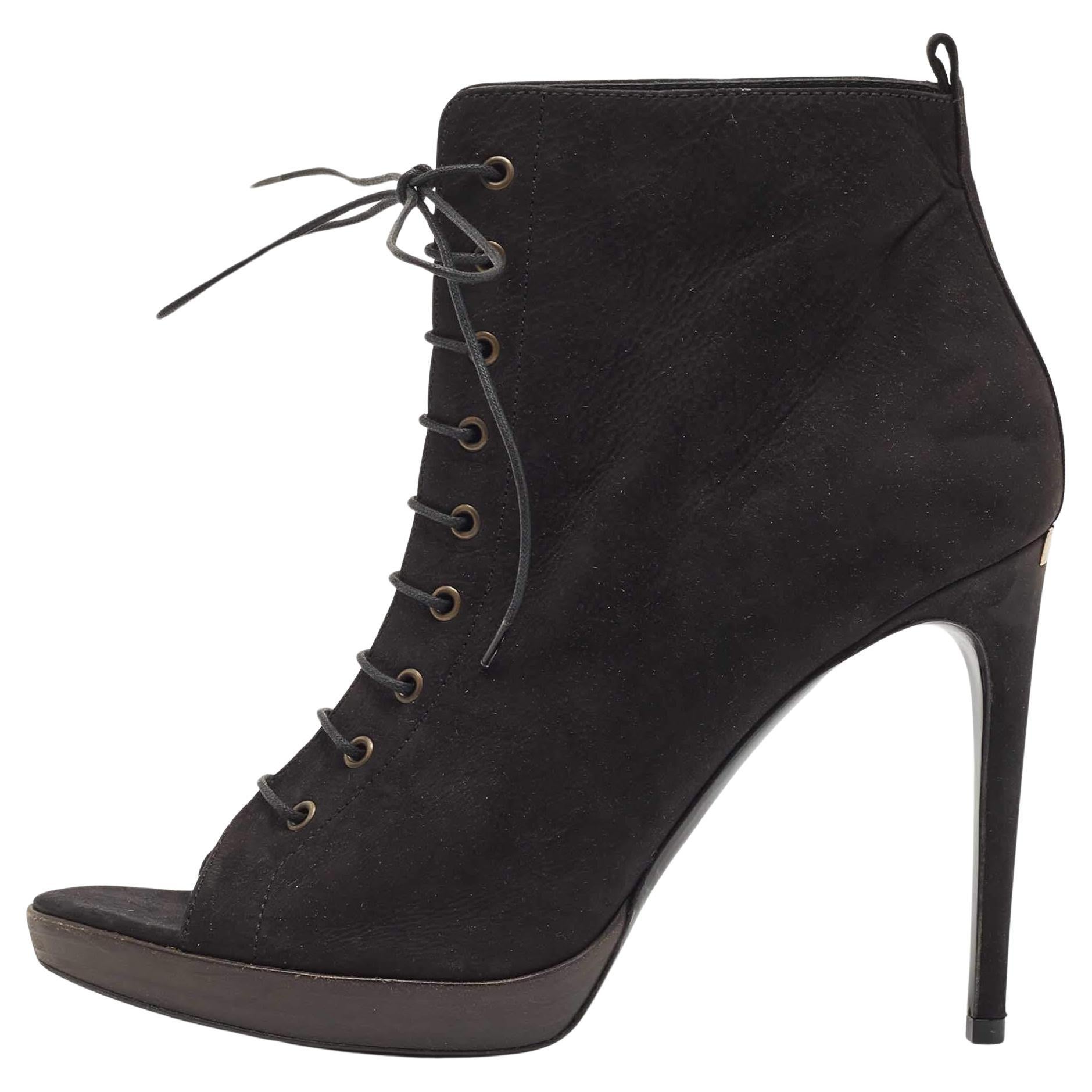 Burberry Black Nubuck Leather Peep Toe Lace Up Ankle Boots Size 40 For Sale