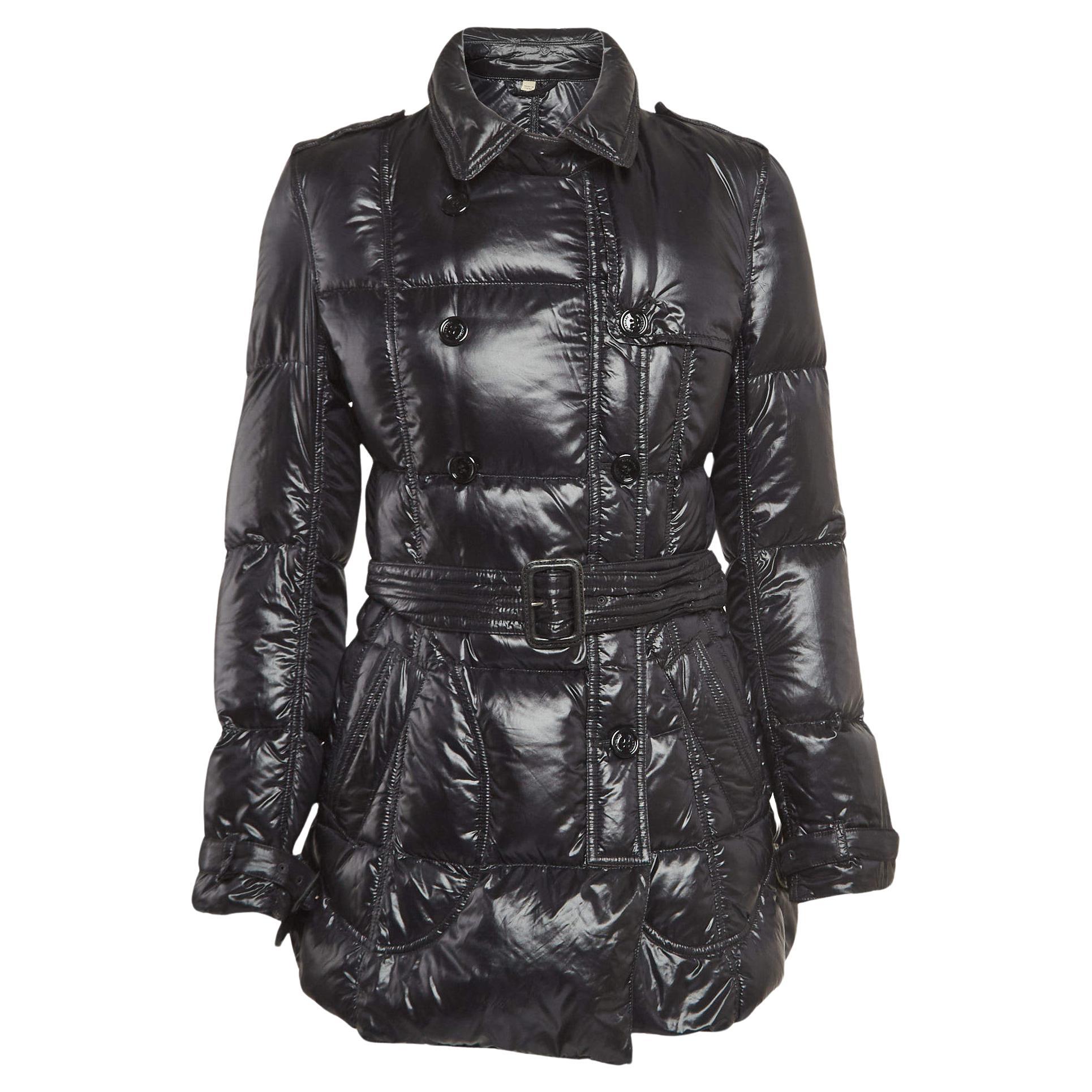 Burberry Black Nylon Belted Double Breasted Puffer Jacket M For Sale