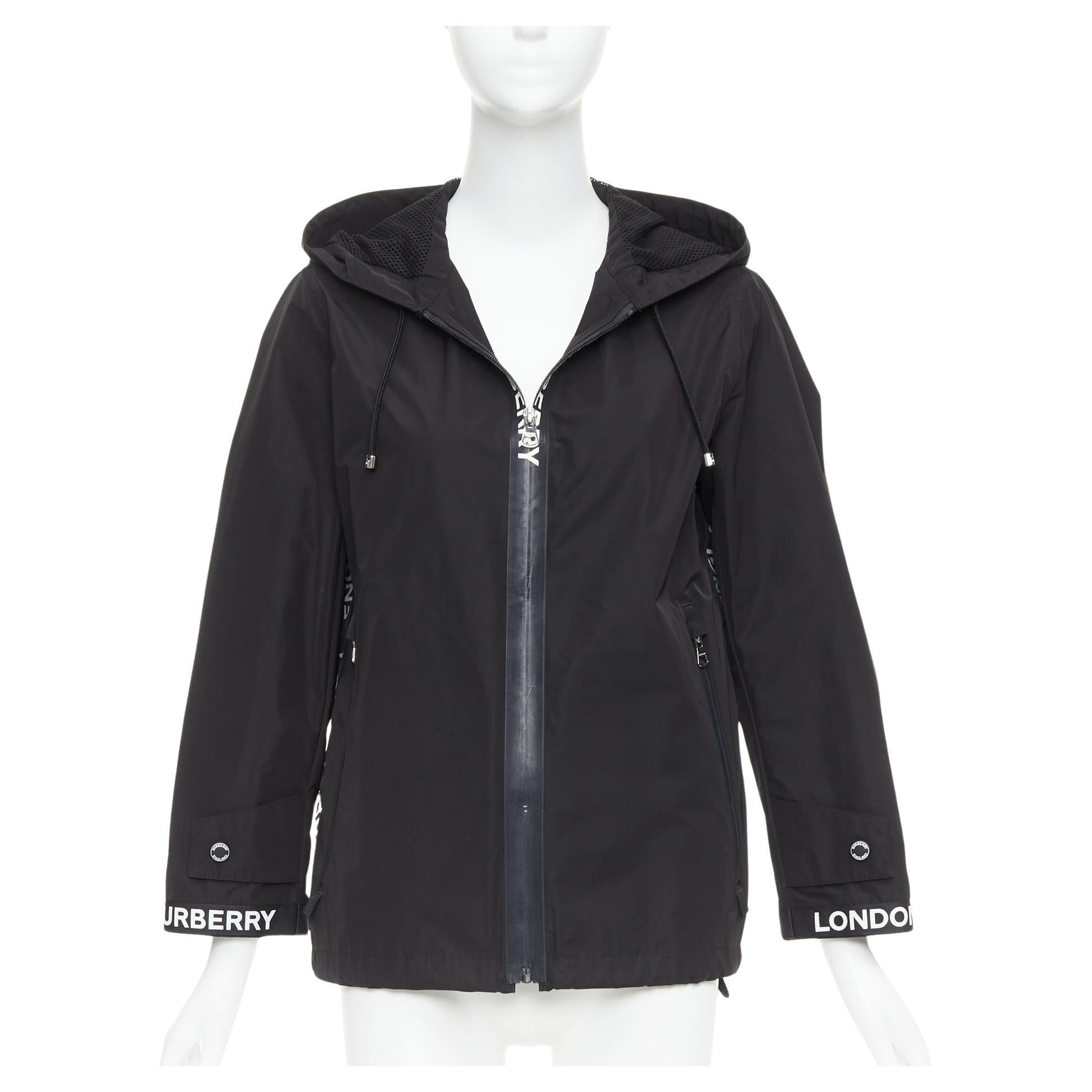 BURBERRY black nylon logo trim hooded windbreaker jacket IT34 XXS