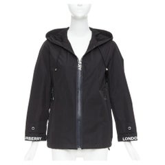 BURBERRY black nylon logo trim hooded windbreaker jacket IT34 XXS