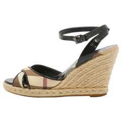 Burberry Black Patent Leather And Novacheck Canvas Wedge Sandals Size 37