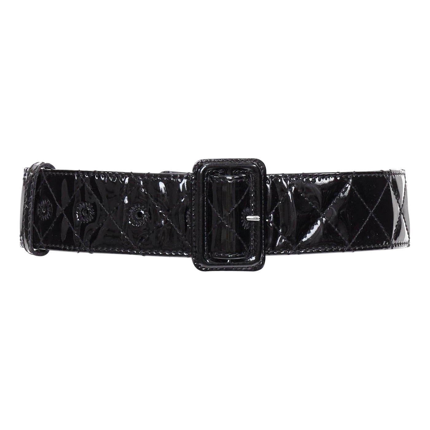 BURBERRY black patent leather diamond quilted rectangular buckle belt 75cm