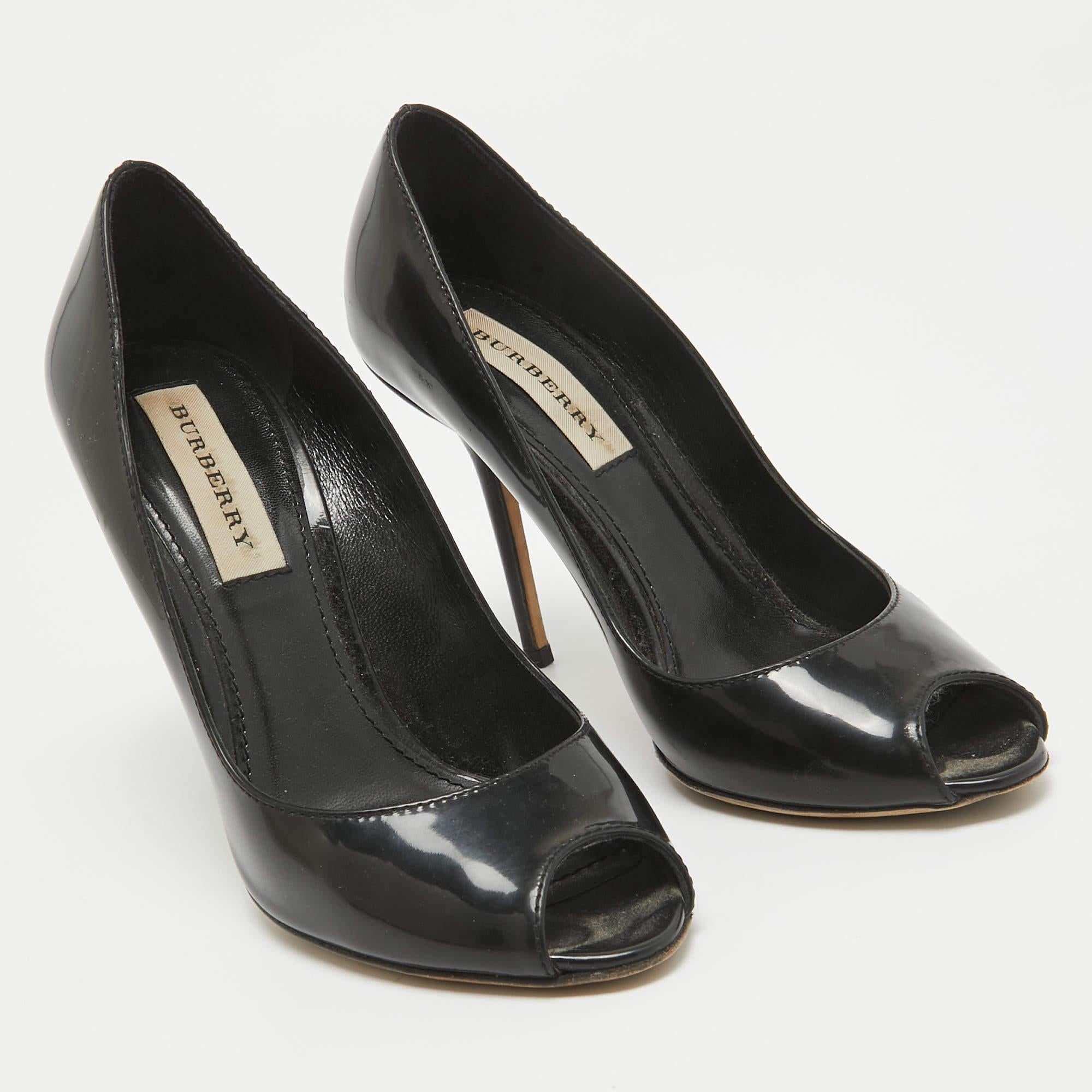 Women's Burberry Black Patent Leather Peep Toe Pumps Size 36.5
