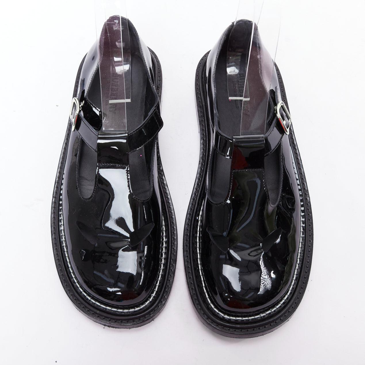 Noir BURBERRY cuir verni noir T-bar overstitch maryjane flats EU38