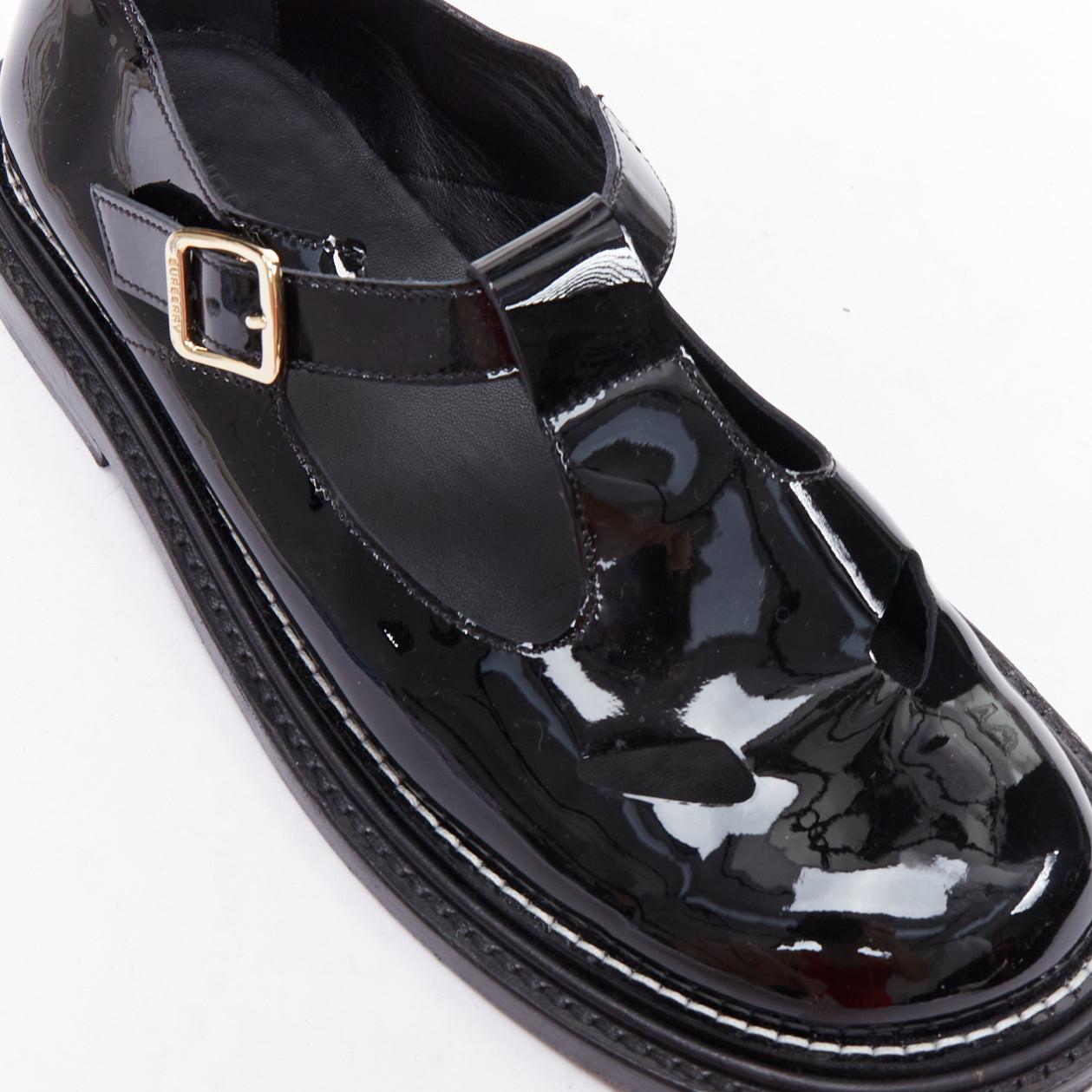 BURBERRY cuir verni noir T-bar overstitch maryjane flats EU38 2