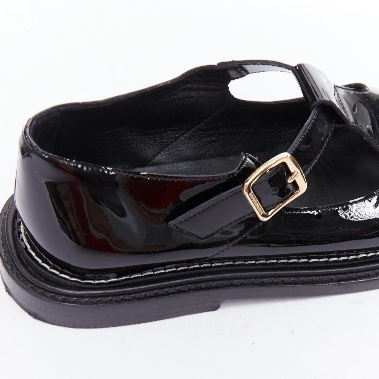 BURBERRY cuir verni noir T-bar overstitch maryjane flats EU38 3