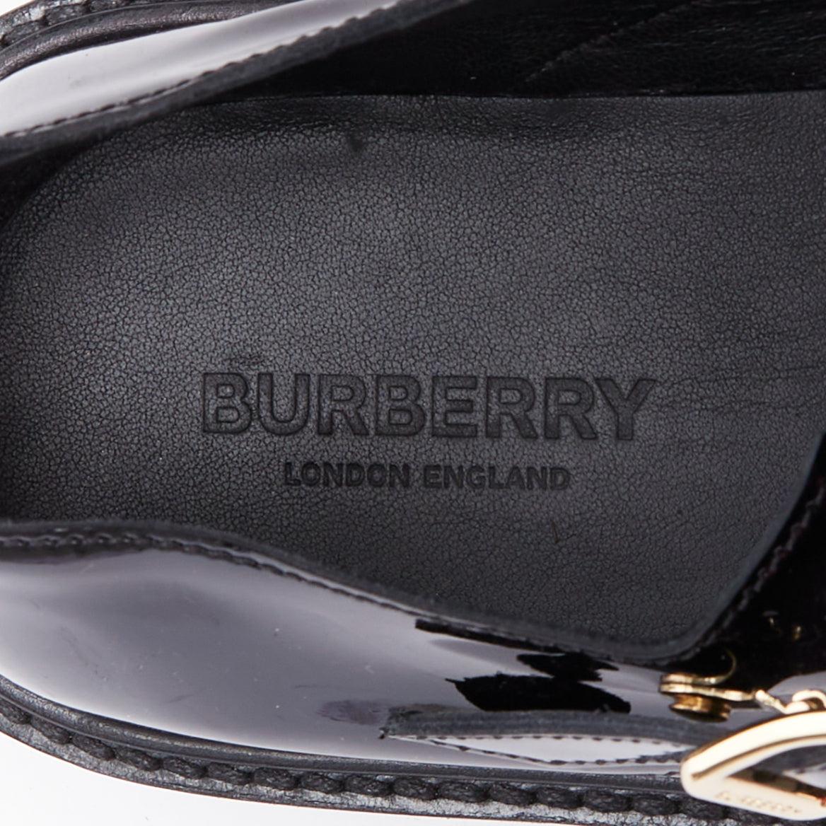BURBERRY cuir verni noir T-bar overstitch maryjane flats EU38 4