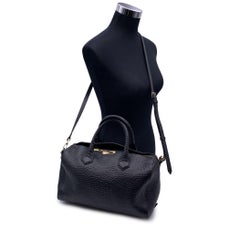 Burberry Black Pebbled Leather Handbag Boston Bag with Strap