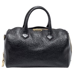 Burberry Black Pebbled Leather Zip Boston Bag