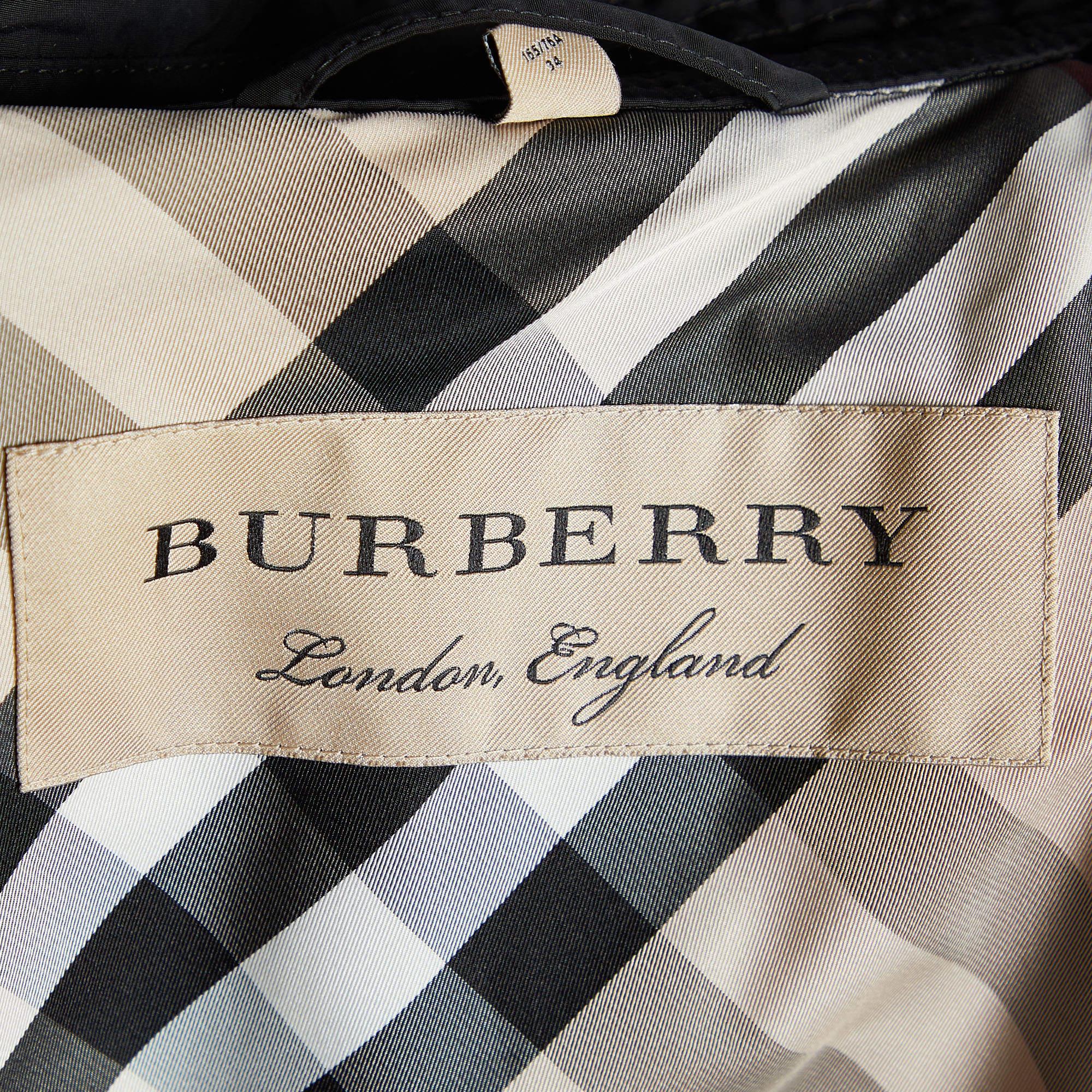 Women's Burberry Black Polyester Belted Double Breasted Trench Coat XS