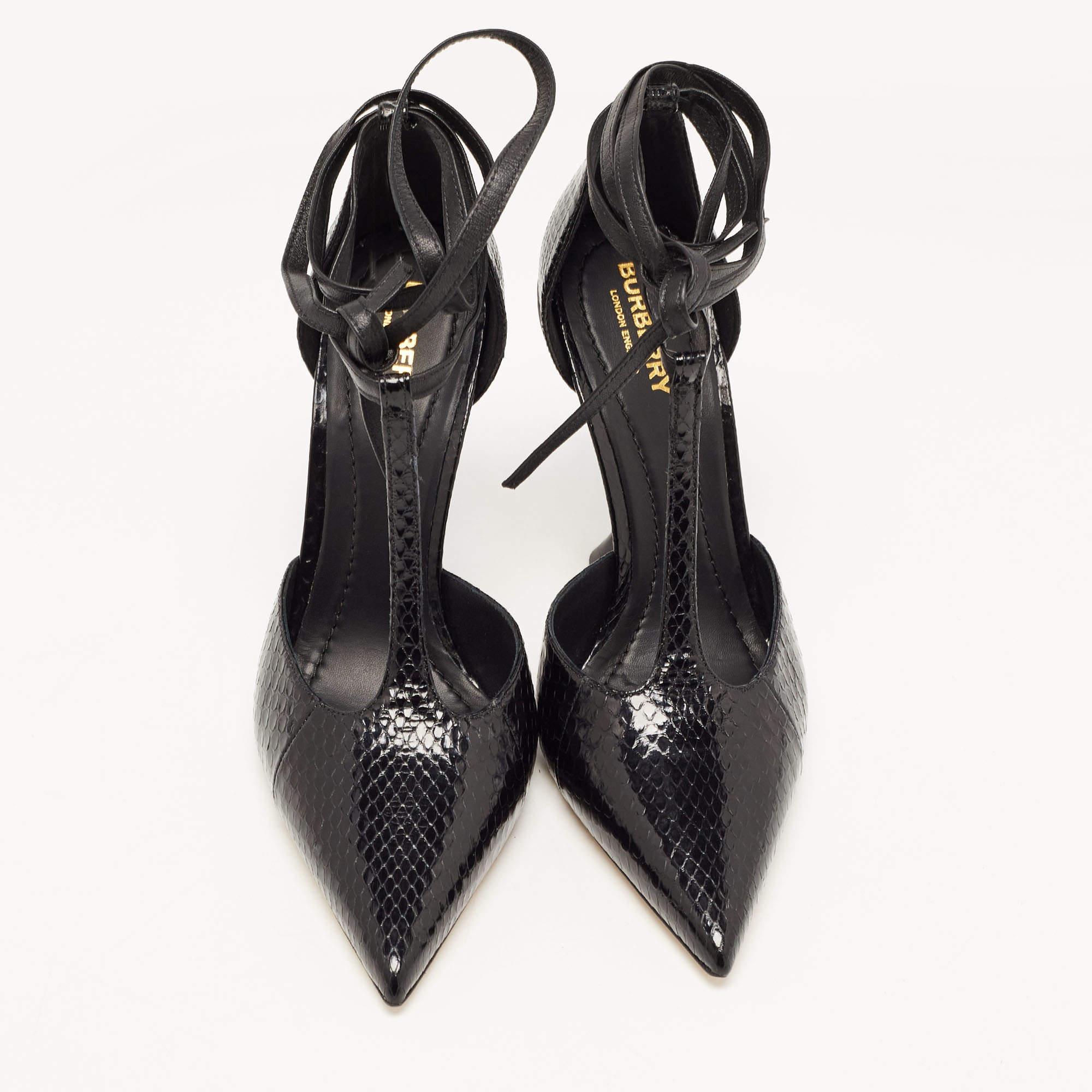 Burberry Black Python Embossed Leather Wellton Pointed Toe T Ankle Strap Pumps  2