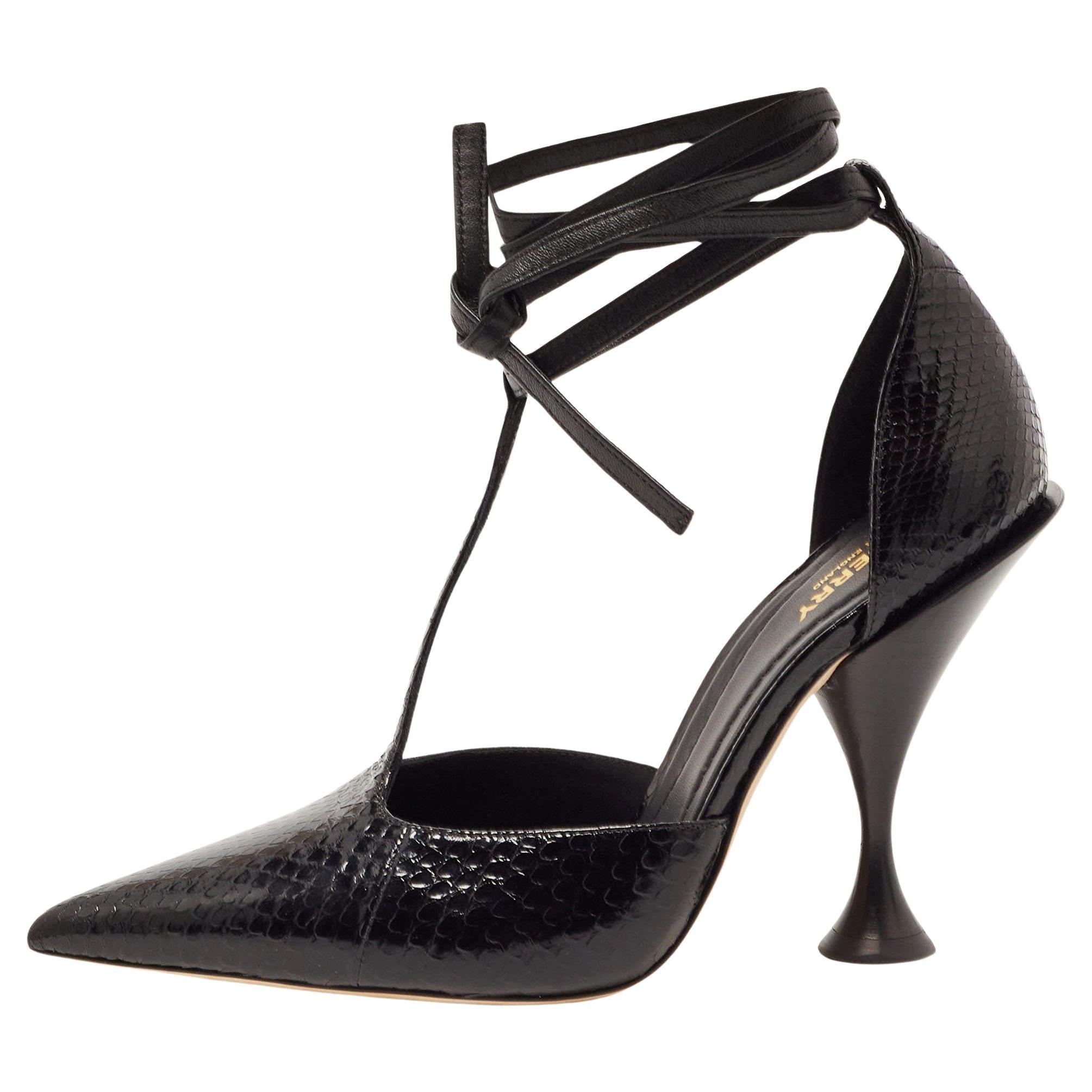 Burberry Black Python Embossed Leather Wellton Pointed Toe T Ankle Strap Pumps 