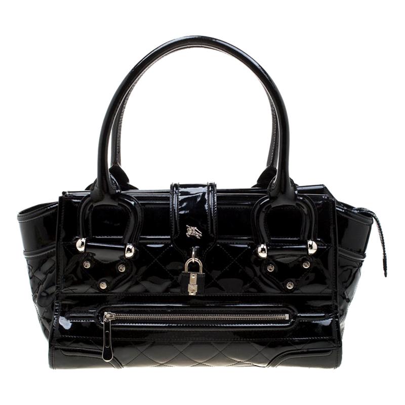 Burberry Black Quilted Patent Leather Manor Satchel