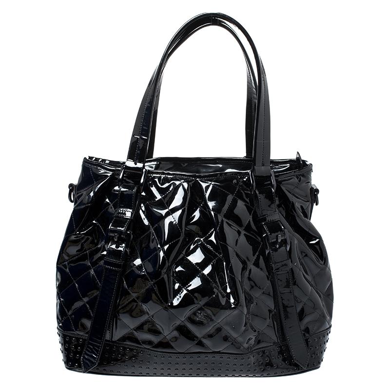 Burberry Black Quilted Patent Leather Studded Lowry Tote 7