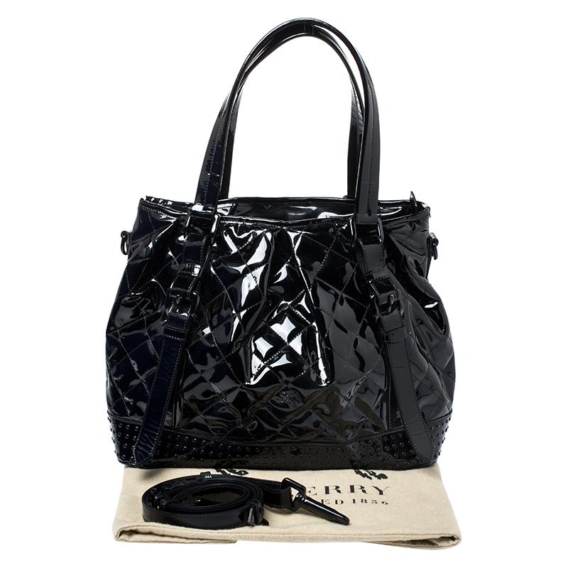 Burberry Black Quilted Patent Leather Studded Lowry Tote 8