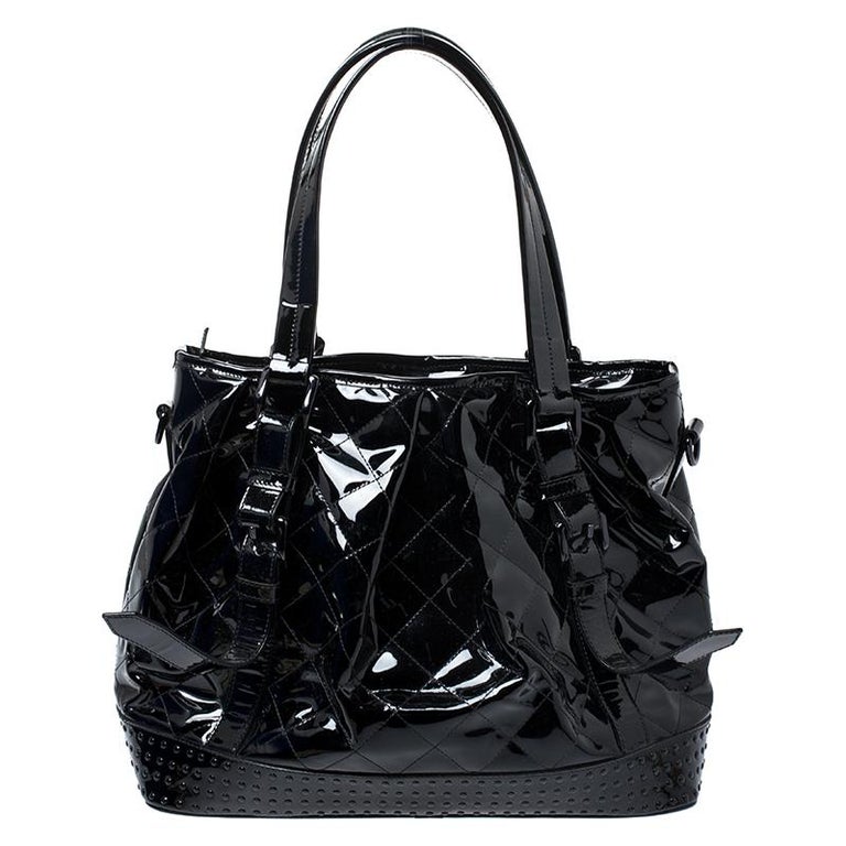 Burberry Black Quilted Patent Leather Studded Lowry Tote at 1stDibs