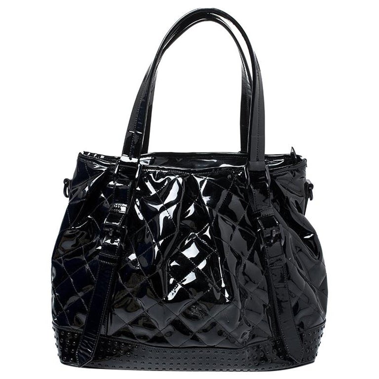 Burberry Black Quilted Patent Leather Studded Lowry Tote at 1stDibs